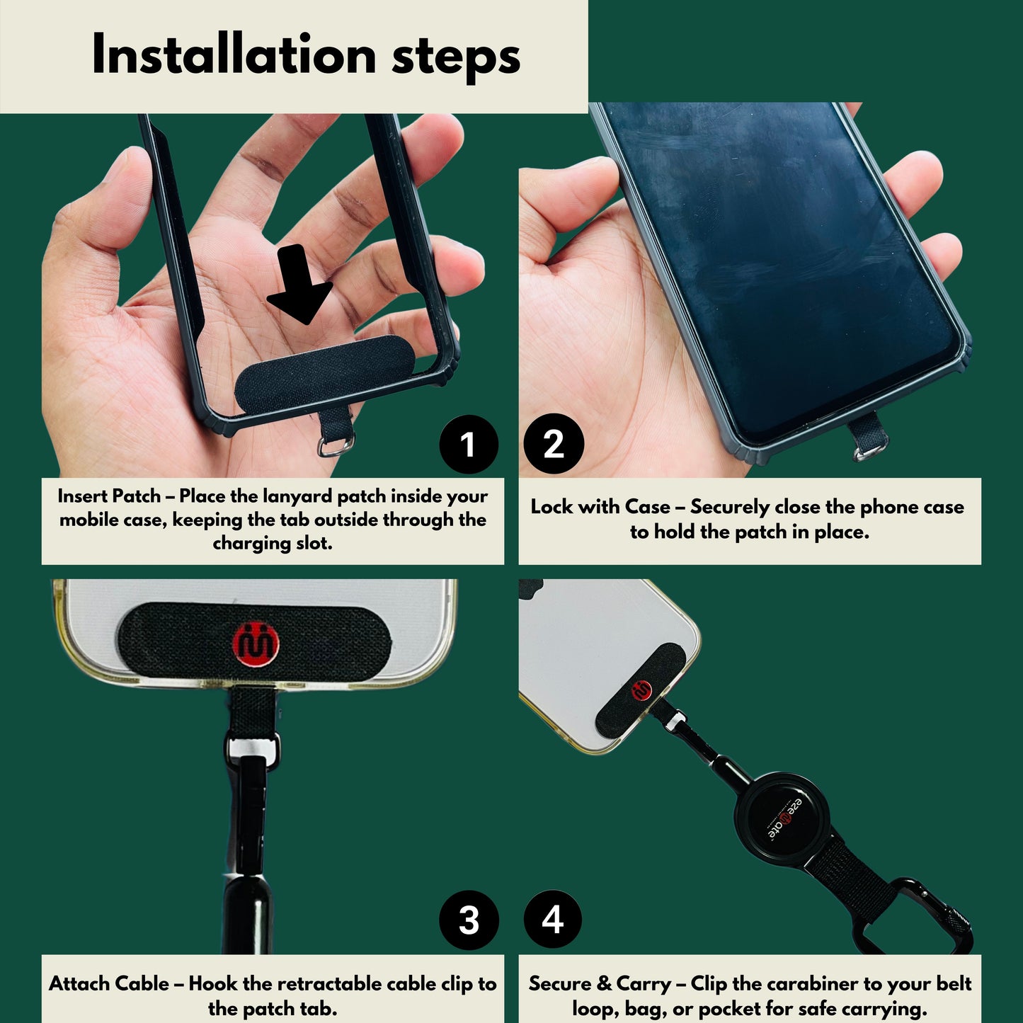 Guardia | Retractable Mobile Lanyard Holder for Anti-Theft & Anti-Drop Protection | 65cm Extendable Cable | Universal Phone Patch & Carabiner Hook | Smart Everyday Companion