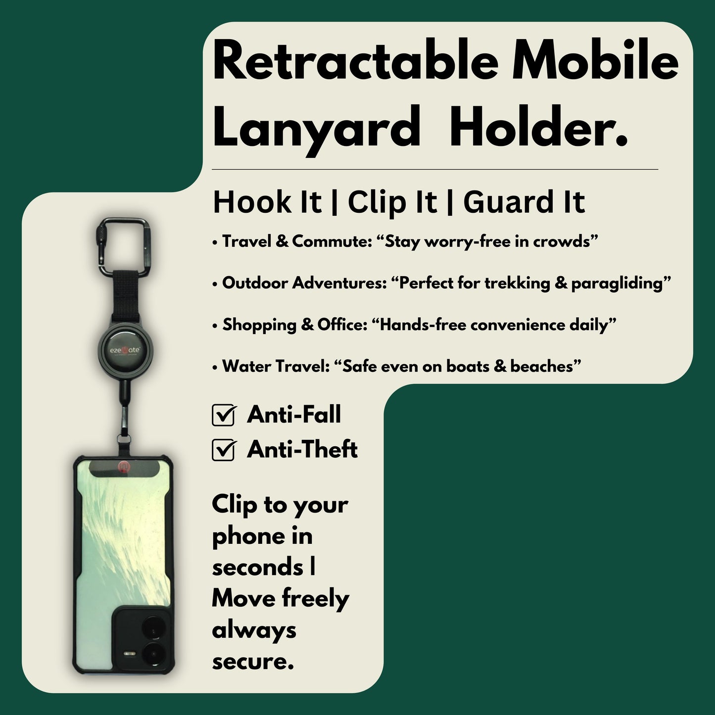 Guardia | Retractable Mobile Lanyard Holder for Anti-Theft & Anti-Drop Protection | 65cm Extendable Cable | Universal Phone Patch & Carabiner Hook | Smart Everyday Companion