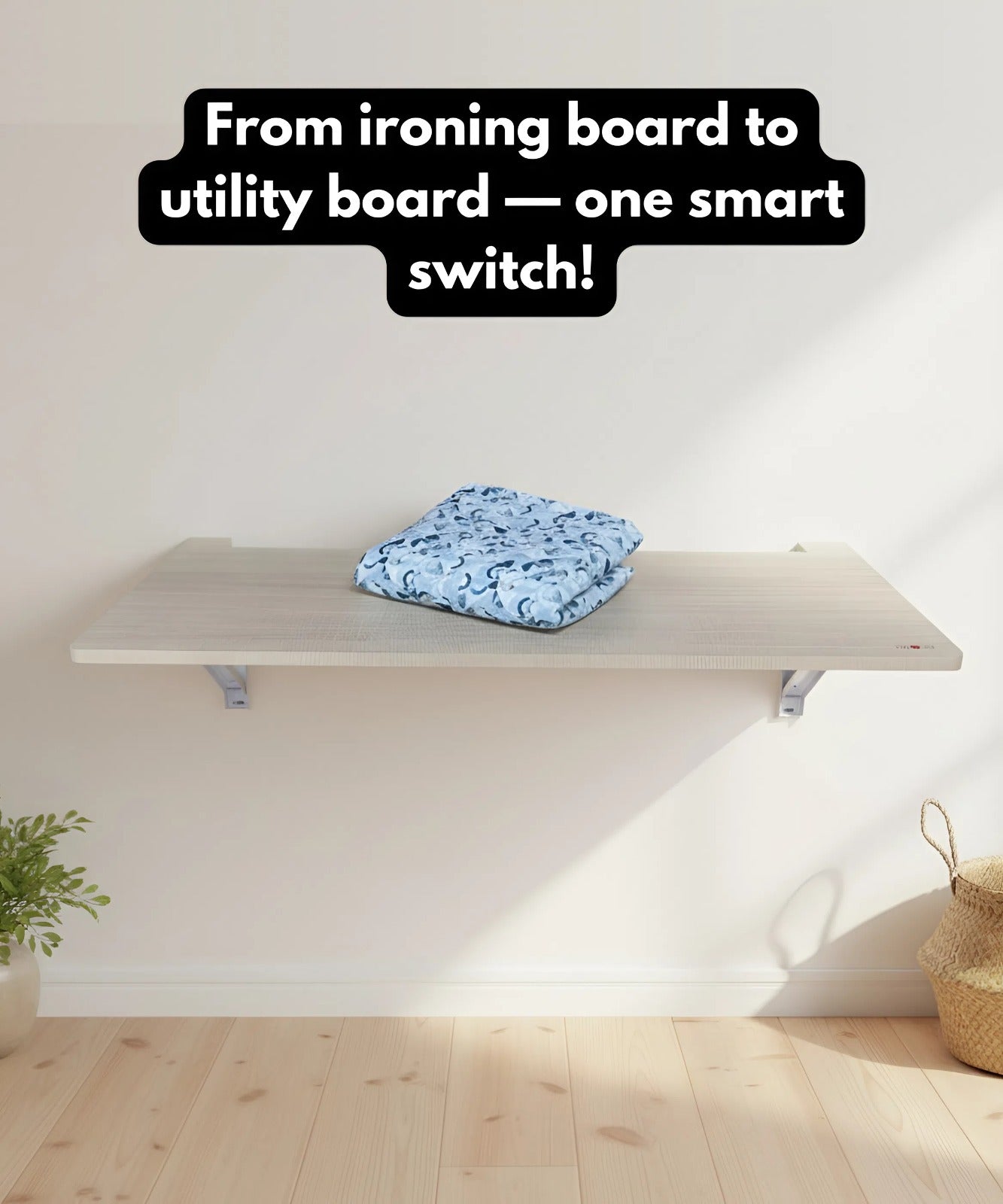 Eze Wall Mounted Foldable Ironing Board | Multipurpose Utility Board | Compact 3.5ft × 1.5ft Space-Saving Design | Removable Ironing Cover | Pre-Laminated Wooden Board. (LuxeGrid (Bluish Grey))