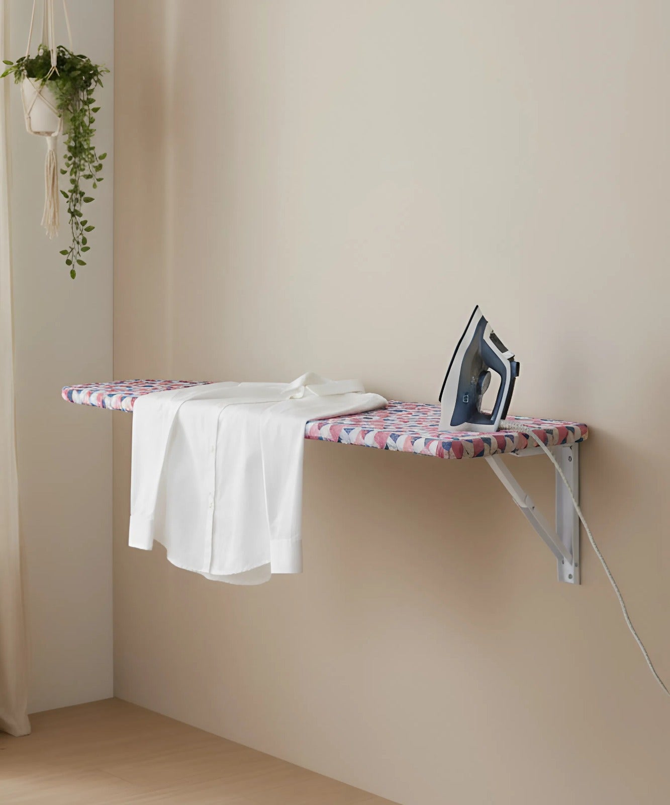 Eze Wall Mounted Foldable Ironing Board | Multipurpose Utility Board | Compact 3.5ft × 1.5ft Space-Saving Design | Removable Ironing Cover | Pre-Laminated Wooden Board. (EliteBliss (Pink & Grey))