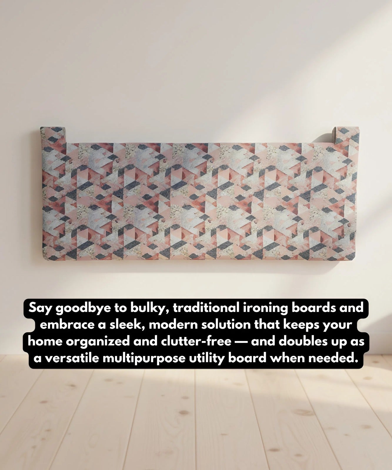 Eze Wall Mounted Foldable Ironing Board | Multipurpose Utility Board | Compact 3.5ft × 1.5ft Space-Saving Design | Removable Ironing Cover | Pre-Laminated Wooden Board. (EliteBliss (Pink & Grey))