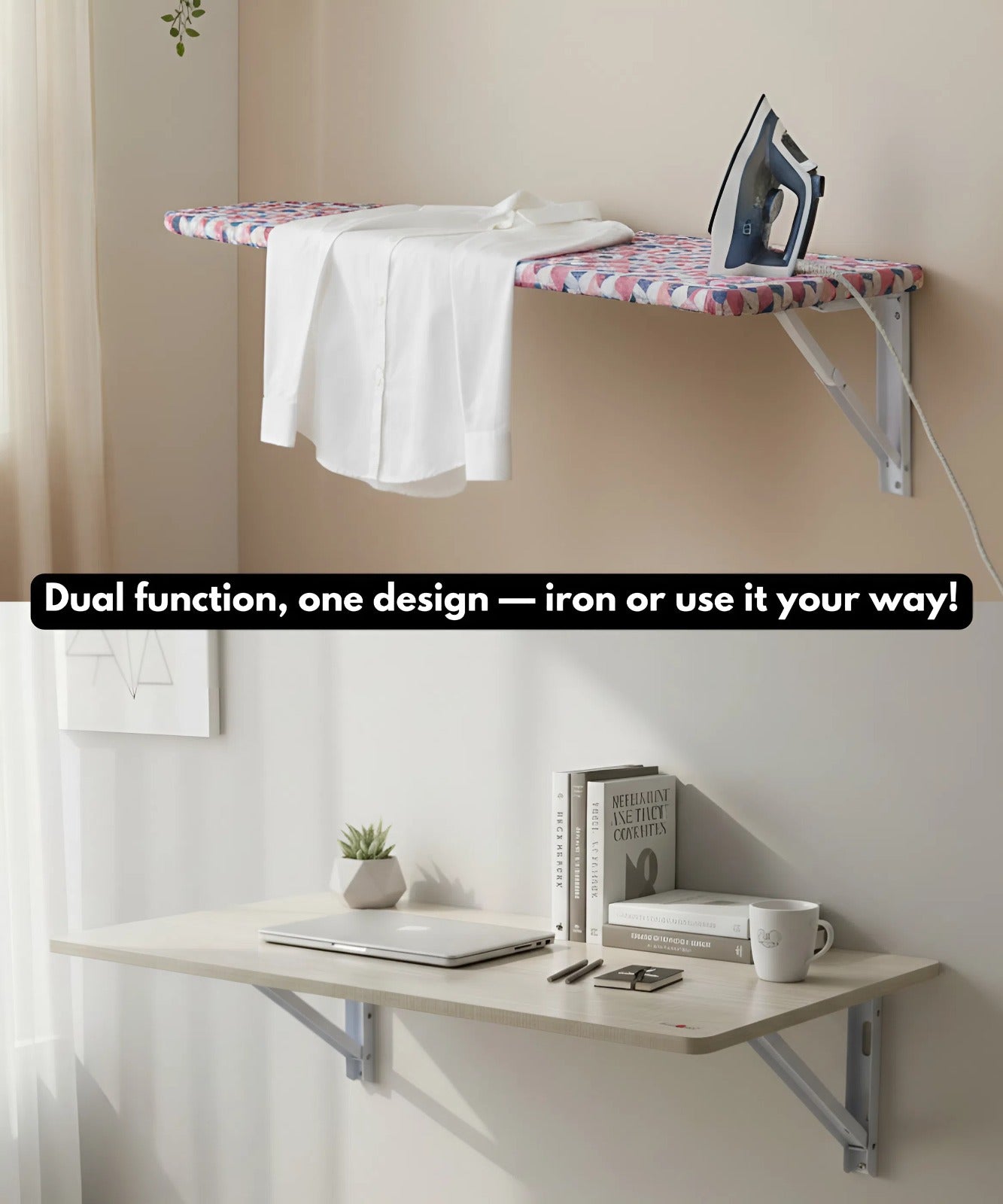 Eze Wall Mounted Foldable Ironing Board | Multipurpose Utility Board | Compact 3.5ft × 1.5ft Space-Saving Design | Removable Ironing Cover | Pre-Laminated Wooden Board. (EliteBliss (Pink & Grey))