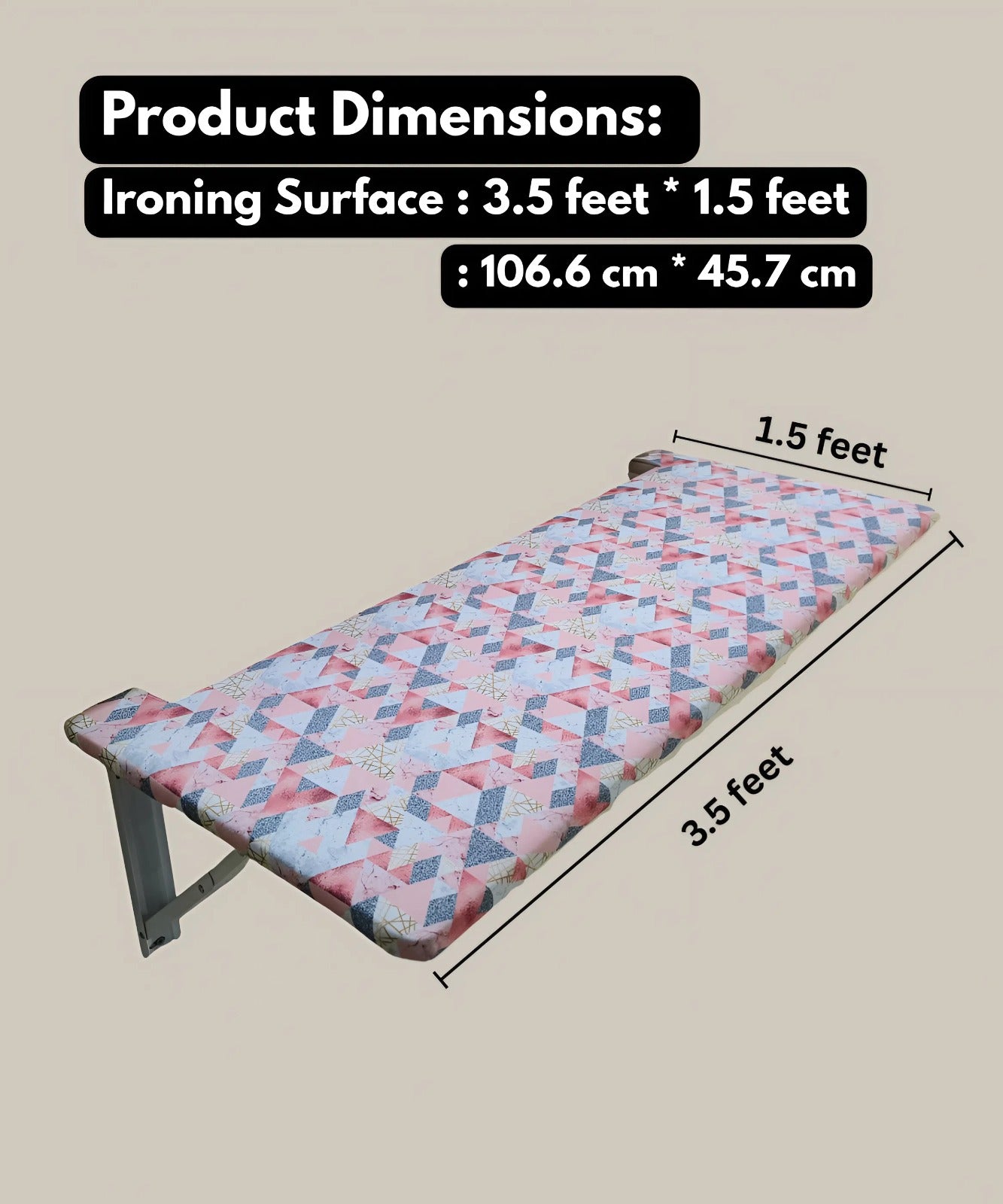Eze Wall Mounted Foldable Ironing Board | Multipurpose Utility Board | Compact 3.5ft × 1.5ft Space-Saving Design | Removable Ironing Cover | Pre-Laminated Wooden Board. (EliteBliss (Pink & Grey))