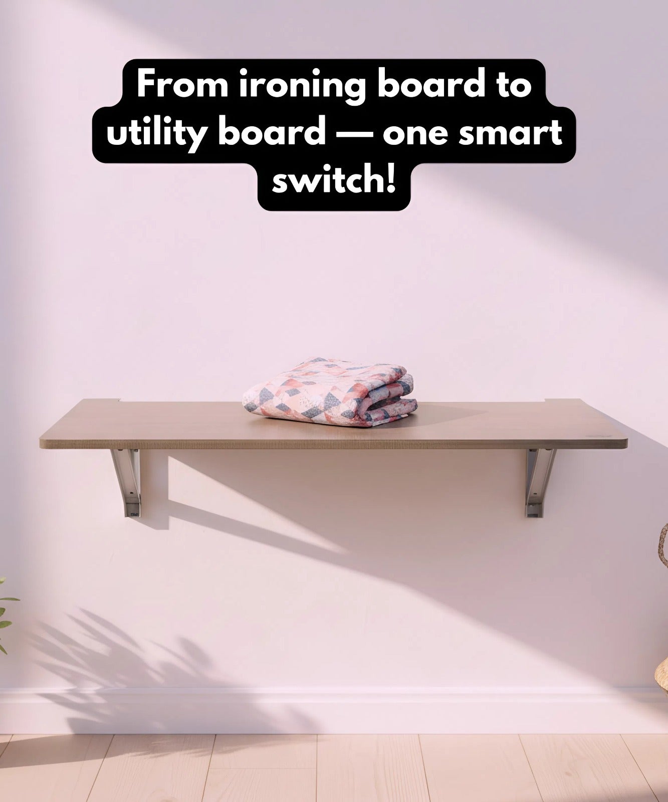 Eze Wall Mounted Foldable Ironing Board | Multipurpose Utility Board | Compact 3.5ft × 1.5ft Space-Saving Design | Removable Ironing Cover | Pre-Laminated Wooden Board. (EliteBliss (Pink & Grey))