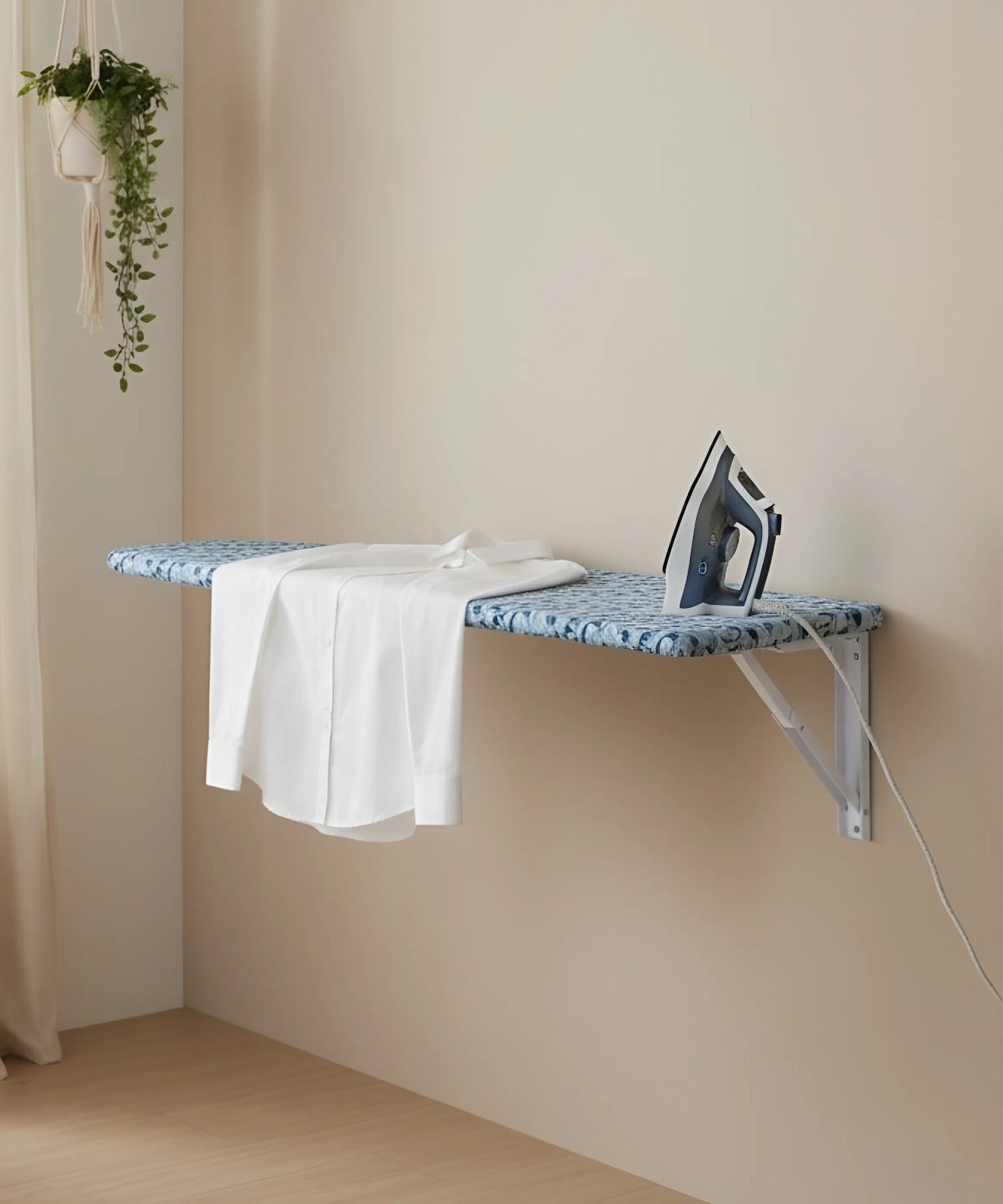 Eze Wall Mounted Foldable Ironing Board | Multipurpose Utility Board | Compact 3.5ft × 1.5ft Space-Saving Design | Removable Ironing Cover | Pre-Laminated Wooden Board. (LuxeGrid (Bluish Grey))