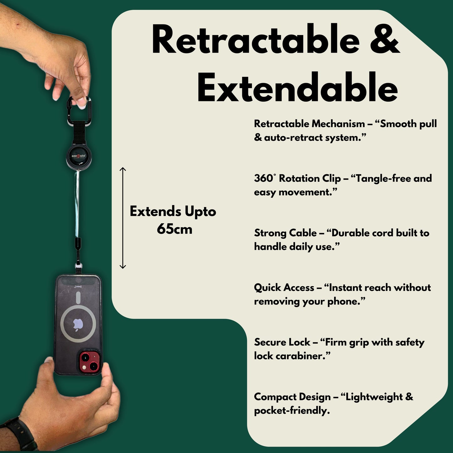 Guardia | Retractable Mobile Lanyard Holder for Anti-Theft & Anti-Drop Protection | 65cm Extendable Cable | Universal Phone Patch & Carabiner Hook | Smart Everyday Companion